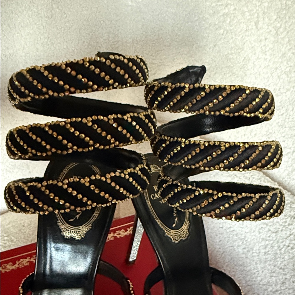 Rene Caovilla Black and Gold Strappy Heels - Picture 3 of 7